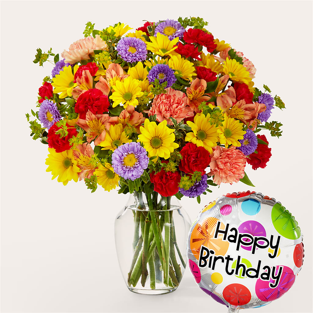 Kaleidoscope Bouquet with Birthday Balloon – ANGELOS FLOWERS & GIFTS INC, Mississauga ON