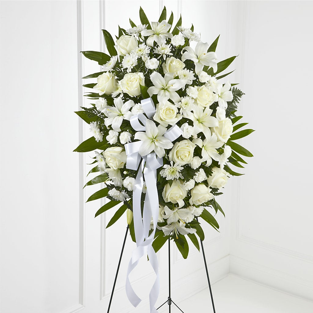 Exquisite Tribute Standing Spray-White Ribbon – ANGELOS FLOWERS & GIFTS INC, Mississauga ON